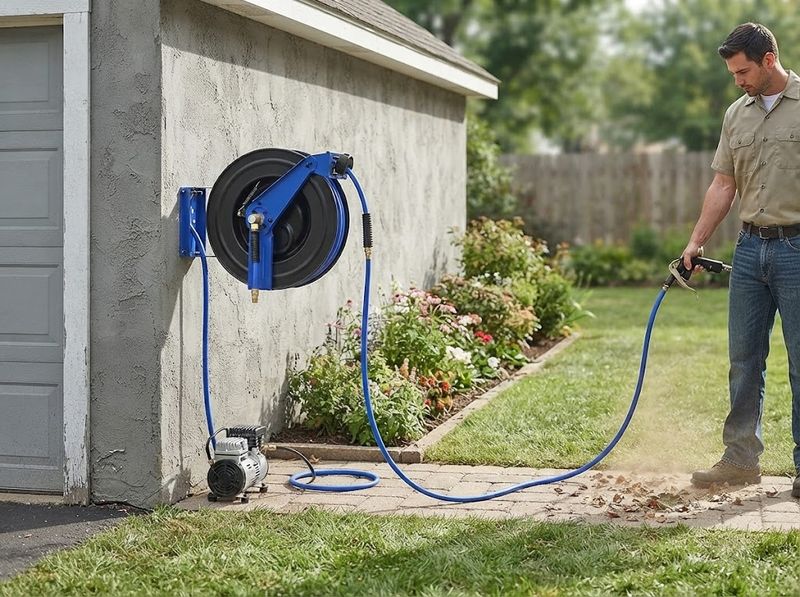 Ruvup Air Hose Reel, 3/8 in x 75 ft in use