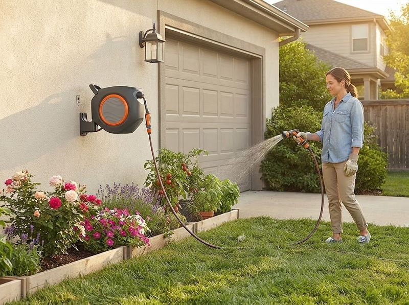 Ruvup Garden Hose Reel, 1/2 in x 150 ft in use