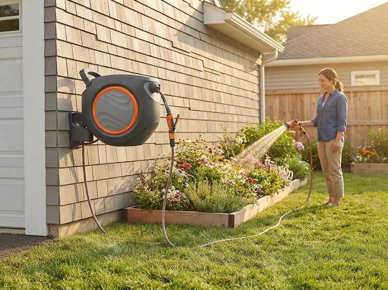 Ruvup Garden Hose Reel, 5/8 in x 100 ft in use