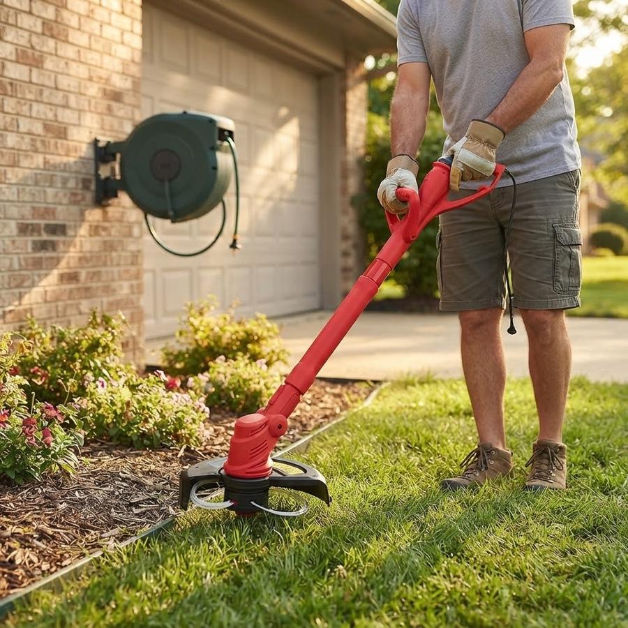 Electric mower trimming a border strip beside a walkway