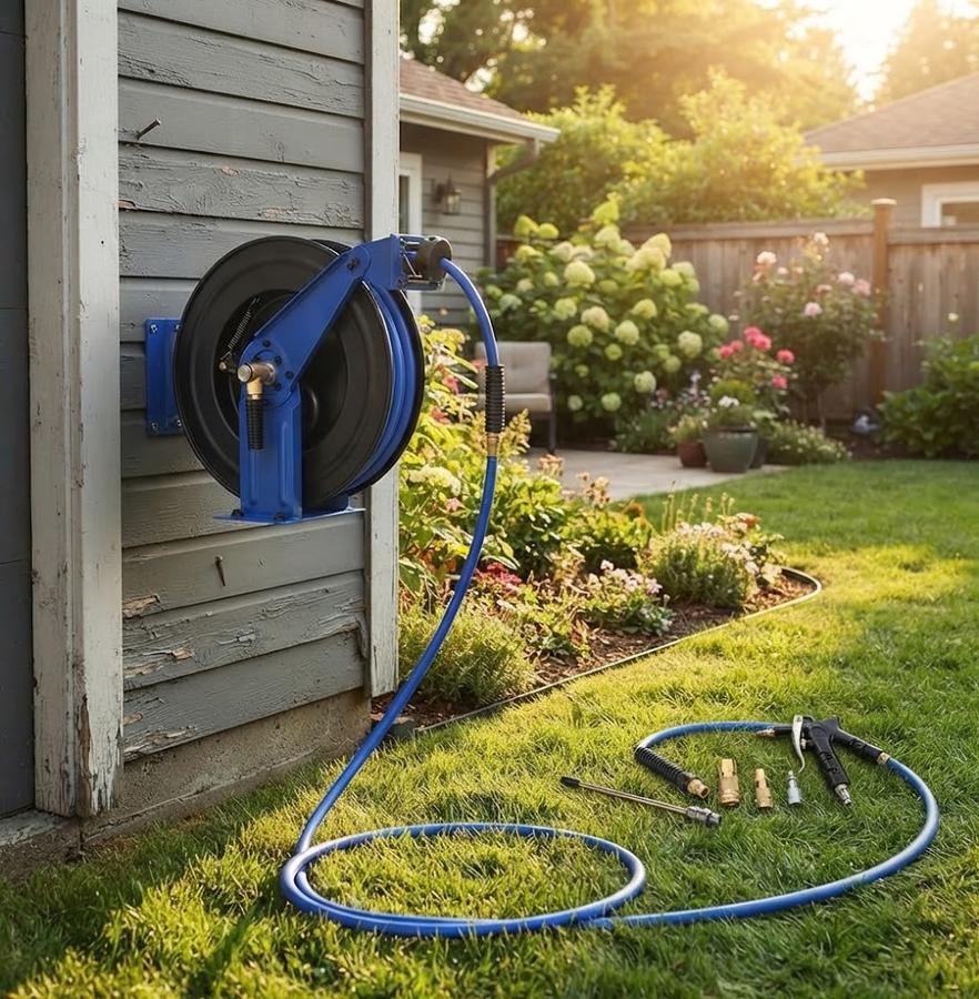Ruvup Air Hose Reel, 3/8 in x 75 ft in use