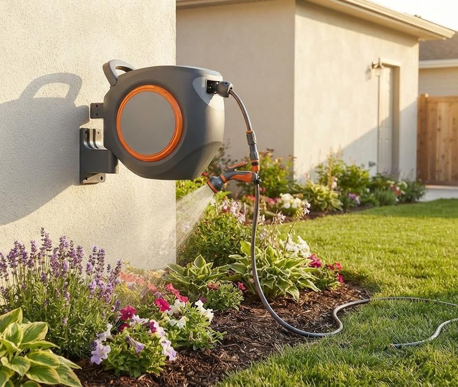 Garden reel on a mid-yard post, hose feeding the vegetable rows