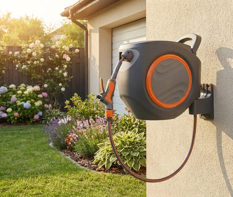 Garden reel bolted to a shaded house wall above the beds