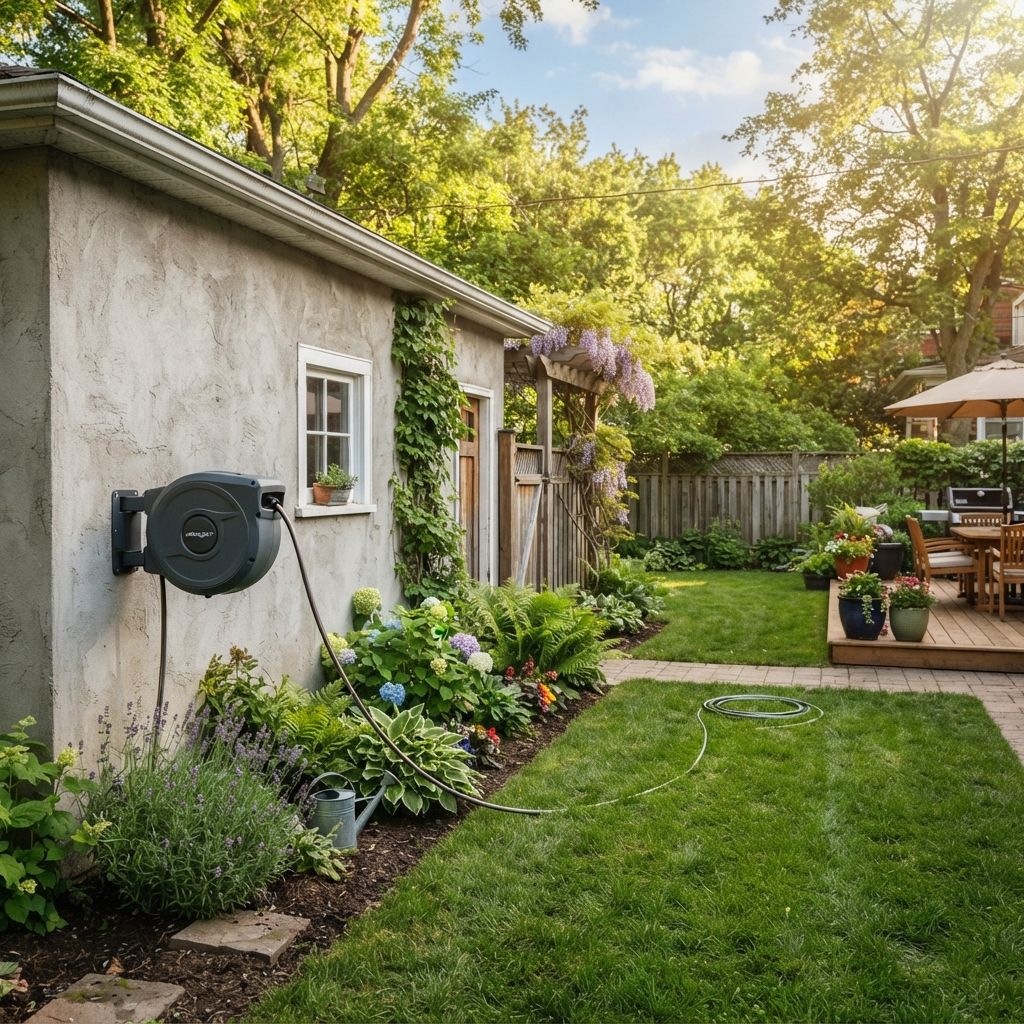 Wall-mounted Ruvup retractable hose reel beside a sunlit garden bed